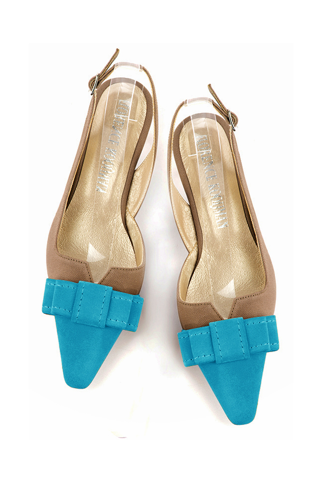 Tan beige and turquoise blue women's open back shoes, with a knot. Tapered toe. Low kitten heels. Top view - Florence KOOIJMAN
